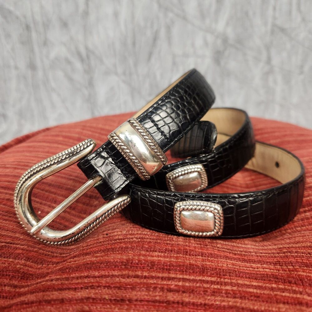 Brighton Black Embossed Leather Western Belt with Silver Buckle & Accents Size L